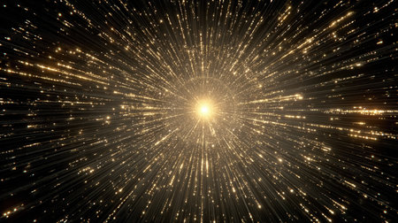 An intense, luminous burst of golden particles radiating outward from a central light source, creating a dazzling and dynamic starburst effect. Perfect for luxury events, awards, New Year celebrations, and high-energy abstract backgrounds.の素材