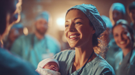 A deeply happy female medical professional (surgeon or nurse) in scrubs is holding a newborn baby in a hospital delivery room. This emotional moment symbolizes successful childbirth, medical care, life, and professional dedication.の素材
