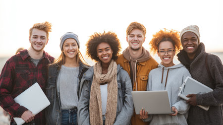 Smiling Group of University Friends: Diverse College Students Holding Laptops and Posing Outdoors in Casual Winter or Autumn Wear with a Bright, Sunny Sky Background.の素材