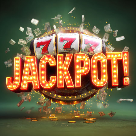 A huge, glowing JACKPOT marquee sign explodes with money, coins, and sparks, set against triple seven slot machine reels. This dynamic 3D render symbolizes a big win, fortune, and casino gaming success in online and mobile contexts.の素材