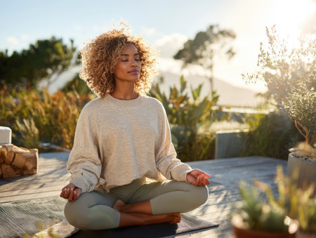 beautiful, serene woman with curly hair sits in lotus position padmasana on yoga mat on wooden deck outdoors, practicing meditation. Bathed in the warm light of the morning sun, image conveys feeling of peace, wellness, mindful lifestyle in natureの素材
