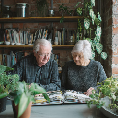An elderly couple sits closely, looking through a photo album or magazine in their cozy, plant-filled home with exposed brick and a bookshelf. The scene depicts retirement, leisure, and shared memories with warmth.の素材