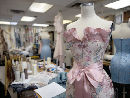 Detailed view of a beautiful, custom-made floral brocade corset with pink satin ribbon and lace ruffles displayed on a mannequin in a busy fashion design and tailoring workshop, highlighting craftsmanship.の素材