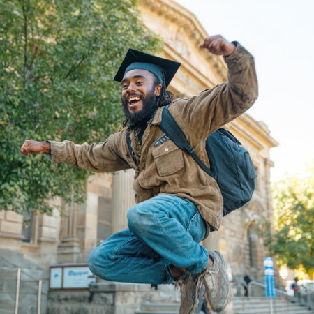 Excited young man in casual attire, a black graduation cap, and a backpack, captured mid-air jump with a wide, open-mouthed smile and raised fists, celebrating his university graduation in front of a classic campus building.の素材