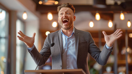 A charismatic motivational speaker or presenter shouting enthusiastically from a podium. The man is wearing a suit jacket and gesticulating widely with his arms raised, conveying passion, excitement, powerful communication during conference, seminarの素材