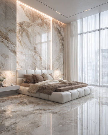 A stunning luxury bedroom interior featuring contemporary white upholstered bed set against massive marble accent wall with warm golden veining. The room boasts floor-to-ceiling windows with sheer curtains overlooking a city view, emphasizing opulentの素材