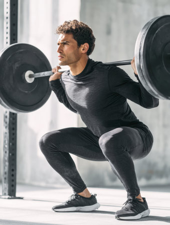 A determined, muscular male athlete performs a barbell squat with heavy weights in a modern, industrial gym setting. He wears dark athletic compression wear, focusing on strength training and a healthy, active lifestyle.の素材