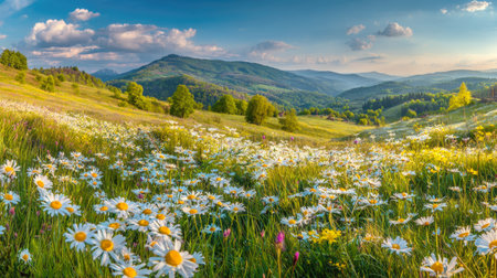 A stunning, wide panoramic landscape of rolling green mountains and hills. The foreground is dominated by a vibrant field of wild daisies and wildflowers under a clear blue sky, capturing the breathtaking beauty of nature in spring or summer.の素材