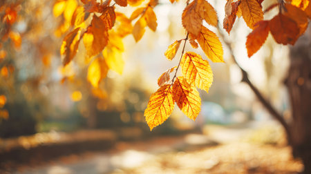 A close-up of vibrant yellow and orange autumn leaves beautifully backlit by the sun. The dreamy, blurred bokeh background captures the golden light and warmth of the fall season in a park. Perfect for seasonal backgrounds and copy space.の素材
