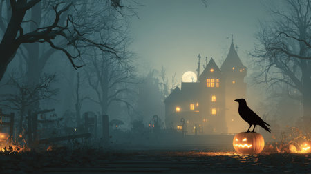 A terrifying Halloween scene: a raven sits on a carved jack-o'-lantern in the foreground of a misty, dead forest. The full moon and a lit, haunted house complete the spooky night atmosphere.の素材