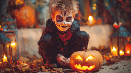 A happy boy with spooky face paint and costume squats next to a glowing jack-o'-lantern. The scene is warmly lit by candles and lanterns on autumn leaves, creating a charming yet eerie atmosphere for Halloweenの素材