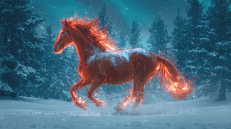 Stunning fantasy image of a mythical fire horse with glowing red-orange light and a fiery mane, galloping through a dark, snow-covered winter forest. The magical scene contrasts the warm equine spirit with the cold blue night.の素材
