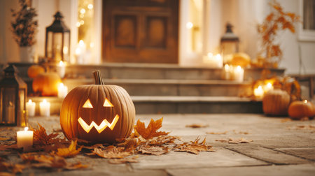 A warm and festive Halloween scene featuring a glowing jack-o'-lantern on a doorstep surrounded by scattered autumn leaves. The inviting porch is decorated with multiple candles and lanterns, creating a cozy fall atmosphere.の素材