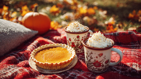 An idyllic fall picnic setup featuring a delicious pumpkin pie and two mugs of hot chocolate with whipped cream. The treats rest on a red plaid blanket surrounded by autumn leaves and a pumpkin in warm, golden light.の素材