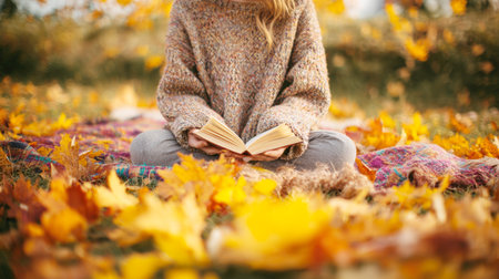 A peaceful, close-up image capturing the essence of autumn relaxation. A person wearing chunky, textured knit sweater is seated on blanket, holding open book. Foreground is framed by blurred yellow leaves, emphasizing fall season reading experienceの素材