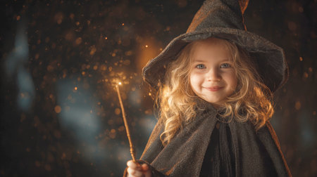 A magical portrait of a smiling girl in a witch costume, wearing a sparkly hat and cloak, holding a glowing magic wand. Captures the whimsical, enchanting spirit of Halloween or a fantasy theme on a dark background.の素材