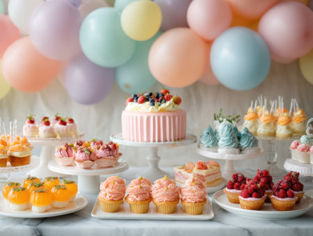 A stunning dessert table arranged with a pink layered cake, cupcakes, and an assortment of pastel-colored sweets. The background features soft pastel balloons, perfect for a baby shower or birthday celebration.の素材