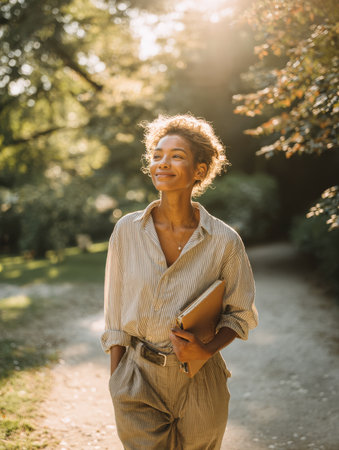 A beautiful, happy, and confident woman with a natural smile walking down a sunlit park path. She is dressed in chic, business-casual attire and holds a folder, suggesting concepts of freelance work, education, or a successful lifestyle.の素材