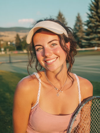 Portrait of a happy young woman with a natural smile and freckles, wearing a visor and holding a tennis racket. The photo, bathed in warm sunlight, captures summer sports, an active lifestyle, and youthful energy.の素材
