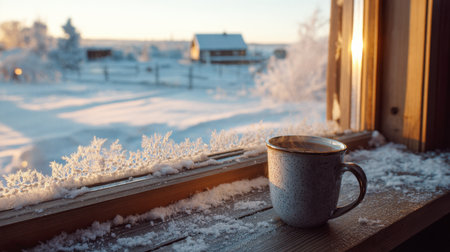 A comforting, cozy winter scene featuring a steaming mug of hot beverage on a snowy, frost-covered window ledge. The view outside is a rural snowy landscape illuminated by warm golden sunrise light, embodying hygge.の素材