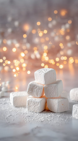 A pyramid stack of square white marshmallows coated in powdered sugar on a marble surface. The background features warm, festive golden bokeh lights, creating a cozy and luxurious image for holiday and sweet treat themes.の素材