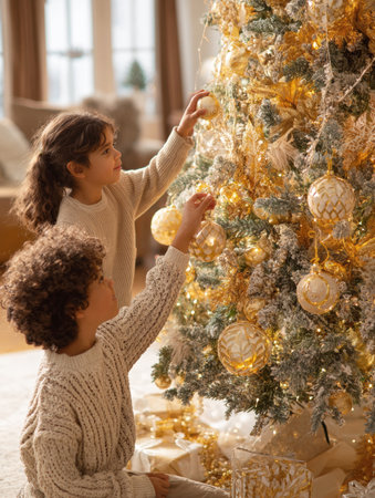 Two smiling children decorating a flocked Christmas tree with gold and white ornaments. They are wearing cream knit sweaters in a bright living room. Captures holiday cheer, tradition, family, and winter concepts.の素材