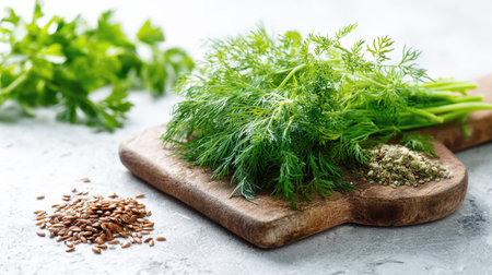 Fresh bunch of bright green dill on a rustic wooden cutting board, surrounded by flax seeds and hemp seeds on a textured gray background, emphasizing healthy and natural ingredients.の素材