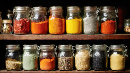Neatly Arranged Row of Glass Jars Filled with Colorful Ground and Whole Spices, Including Paprika, Turmeric, Pepper, and Seeds, Organized on Rustic Wooden Shelves in a Dark, Textured Setting.の素材