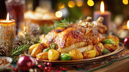 Golden Roasted Holiday Turkey or Chicken Dinner. Deliciously Glazed Poultry Garnished with Rosemary and Served with Crispy Potatoes, Surrounded by Festive Candles and Warm Bokeh Lights for Christmas Dinnerの素材