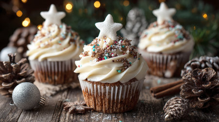 A trio of charming Christmas cupcakes topped with a generous swirl of vanilla buttercream, holiday sprinkles, and an edible star. Set on a rustic wooden surface surrounded by pine cones and festive bokeh lights, they embody sweet spirit of holidaysの素材