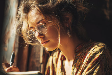Dramatic close-up portrait of a thoughtful young woman in eyeglasses writing or drawing in a journal with a pen, illuminated by strong, directional natural light. Captures focus, creativity, study, and vintage style.の素材