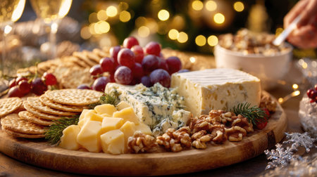 An exquisite assortment of fine cheeses including Brie, Blue Cheese, and Cheddar cubes, elegantly arranged with red grapes, walnuts, and crackers on a wooden board for a sophisticated holiday appetizer or Christmas party spreadの素材