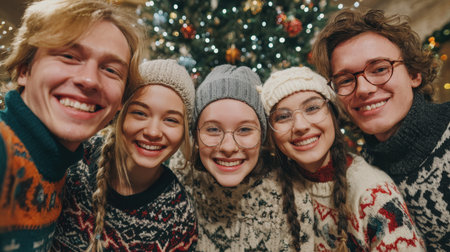 A group of five smiling young friends takes a selfie wearing cozy knit sweaters and winter hats against a backdrop of a decorated Christmas tree with bokeh lights, perfectly capturing the joy and fun of holiday togetherness.の素材