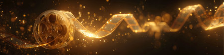 Stunning, wide 3D render of a luminous, golden film reel unwinding into a twisting strip of cinema film, surrounded by glowing bokeh dust. Perfect banner for filmmaking, awards, or movie concepts.の素材