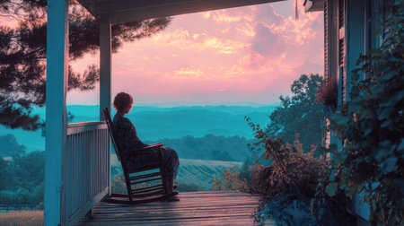 A peaceful scene featuring a woman sitting in a rocking chair on a rustic porch, watching a breathtaking sunset. The sky glows with vibrant pink and blue hues over rolling hills and a lush landscape.の素材