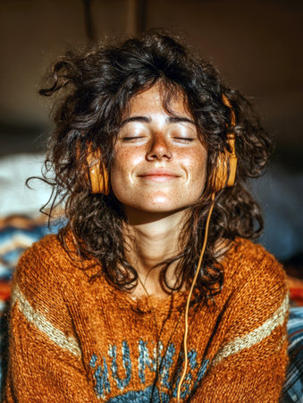Close-up of a happy, freckled young woman in an orange sweater and yellow headphones, eyes closed in peaceful enjoyment while listening to music, capturing relaxation and cozy autumn vibes.の素材