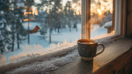 A peaceful, atmospheric scene featuring a steaming mug of hot beverage on a snow-covered wooden windowsill. The warm glow of the winter sunset streams through the window, contrasting with the frosty pane and the snowy forest landscape outsideの素材
