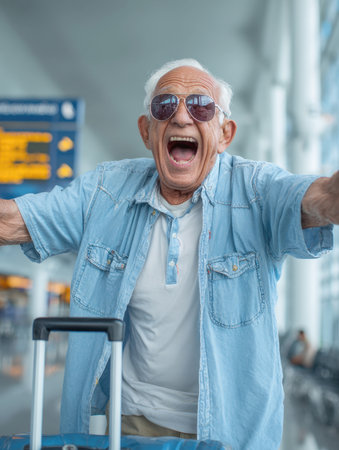 Enthusiastic and joyful senior man with a wide-open mouth yelling in excitement, wearing aviator sunglasses and a casual denim shirt, posing for a selfie in a bright, modern airport terminal with his blue suitcase, celebrating the start of a new journey.の素材