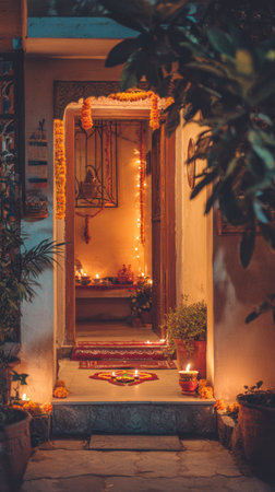 Traditional Indian Home Entrance Beautifully Decorated with Warm Diyas, Marigold Garlands, and a Colorful Rangoli on the Doorstep, Creating a Cozy, Festive Ambiance for Diwali or a Hindu Celebration, Bathed in Soft, Low-Key Lightingの素材