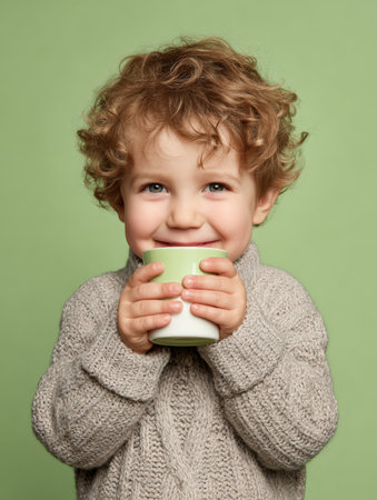 Close-up portrait of a cheerful young boy, with light, beautiful curly hair and sparkling blue eyes, holding a small, two-color mug with both hands, bundled up in a comfy, warm, beige knitted turtleneck sweater, radiating warmth and pure happiness.の素材