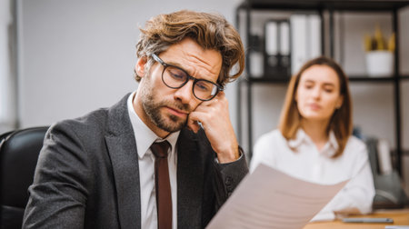Close-up of an exhausted, overworked businessman in a suit and glasses reading difficult paperwork with a look of stress and worry. Represents corporate burnout, financial distress, and office pressure.の素材