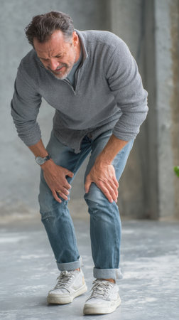 Mature man suffering from severe knee pain, grimacing and holding his joints. Illustrates concepts of injury, arthritis, joint problems, chronic pain, aging, and physical discomfort in a vertical format.の素材