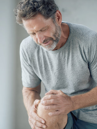 Close-up shot of a distressed, middle-aged man holding his knee with both hands, his face contorted in pain and discomfort, suggesting a recent sports injury, joint problem, or flare-up of chronic pain like arthritis.の素材