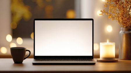 Front view of a laptop with a blank white screen on a wooden desk, surrounded by a lit candle, a dark coffee mug, a vase with dried flowers, and soft, atmospheric golden bokeh lights.の素材