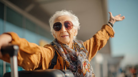A vibrant, happy senior woman with sunglasses and a scarf stands outside a modern airport, enthusiastically gesturing with open arms next to her luggage. She embodies excitement, freedom, and the joy of travel and an active retirement lifestyle.の素材