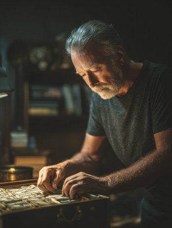 A mature man with a beard intently counts stacks of cash (US dollar bills) hidden inside a briefcase or vault in a dark, moody room. The dramatic lighting emphasizes concepts of secretive wealth, illegal money, or serious financial matters.の素材
