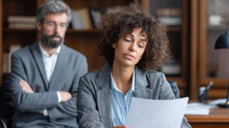 businesswoman in a blazer intently reads a document or contract, with a serious expression, during a business meeting or consultation. Her bearded male colleague stands stiffly with crossed arms, suggesting tension, negotiation, or performance reviewの素材