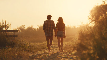 A young couple is seen from behind, walking hand-in-hand down a dusty path or beach trail, silhouetted against a brilliant golden sunset or sunrise. The image captures a serene, warm moment of love, togetherness, and summer romanceの素材