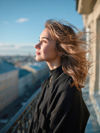 A beautiful, serene woman stands on a balcony, profile against the bright sky, her hair blowing in the wind. The image captures a moment of pensive reflection, freedom, and enjoyment of the urban cityscape and fresh air.の素材