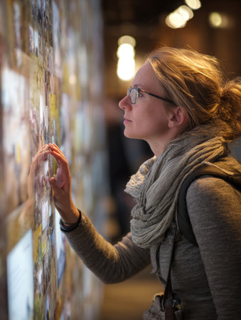 woman touching a large, illuminated digital screen or interactive wall made up of many small images. The soft, warm lighting and shallow depth of field draw focus to her thoughtful expression and engagement with the modern museum exhibitの素材